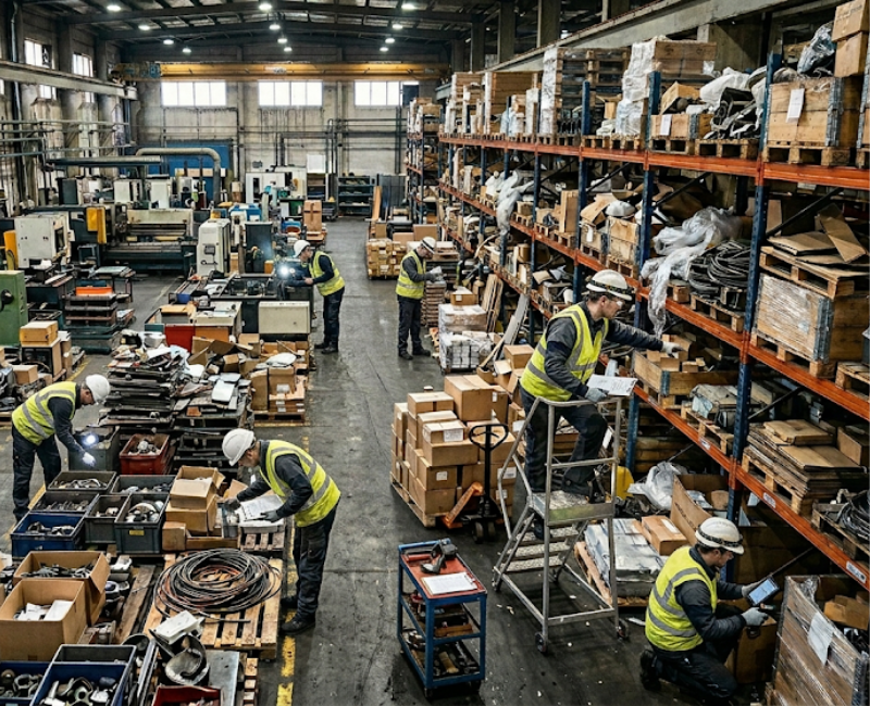 Crowded storage system, multiple racks and workers searching the components.